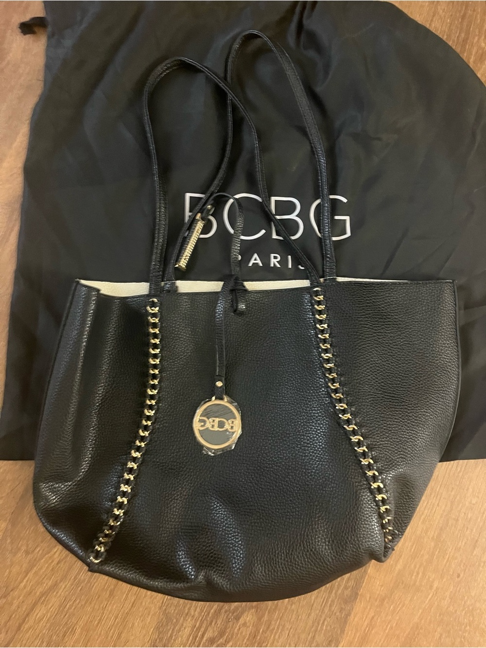 BCBG Paris Black Pebbled Leather Tote with Gold Chain Accents